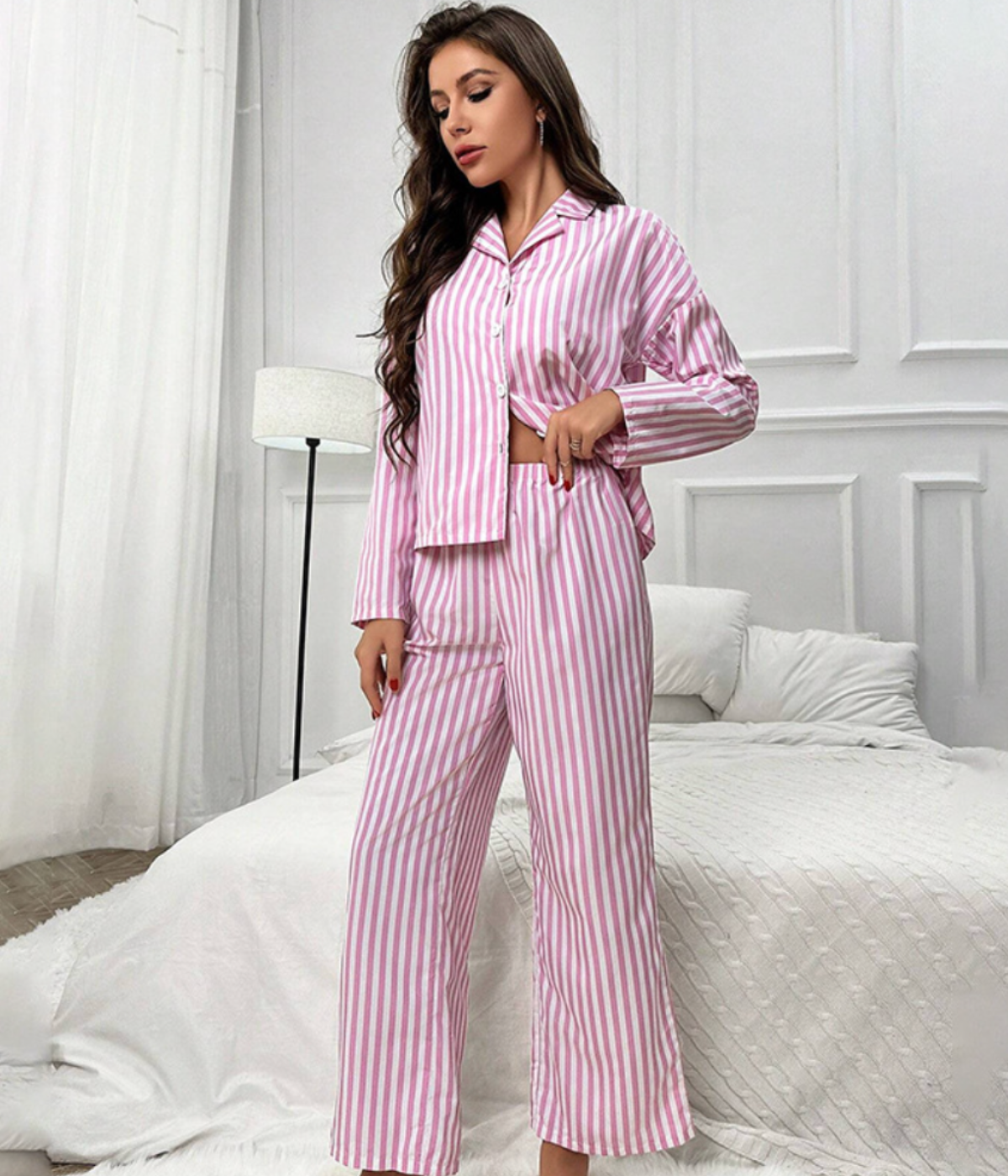 Two Piece Pink Striped Pajama Set